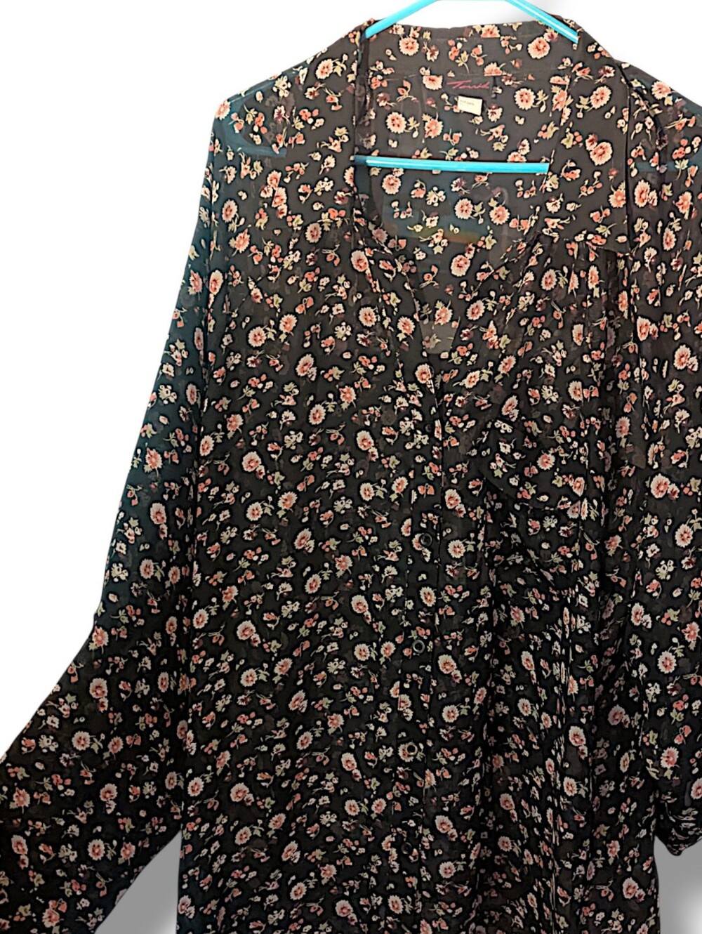 Torrid Button-Front Sheer Relaxed Fit Layering Top - Black with Pink Floral 3X